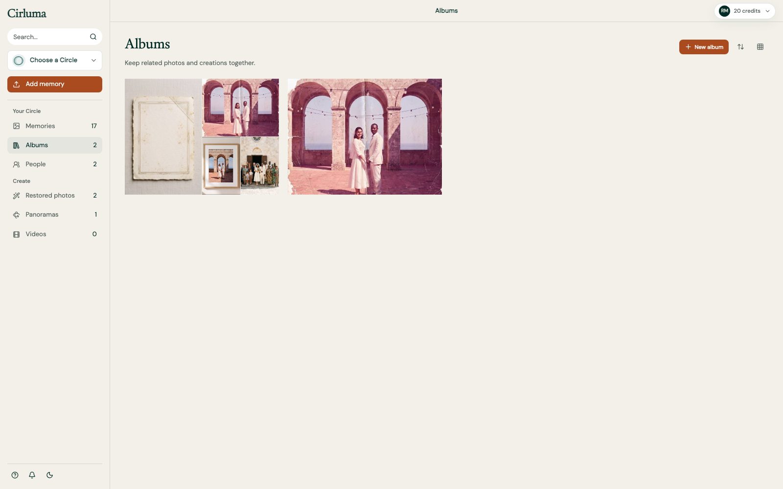 The albums view in Cirluma, showing collections built from a Circle's material.