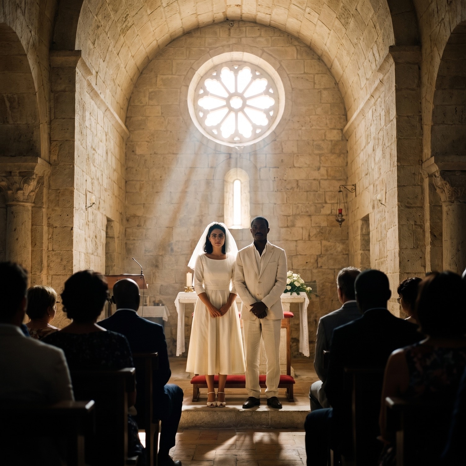 A bride and groom at the altar of a small stone church, seen from a few rows back.