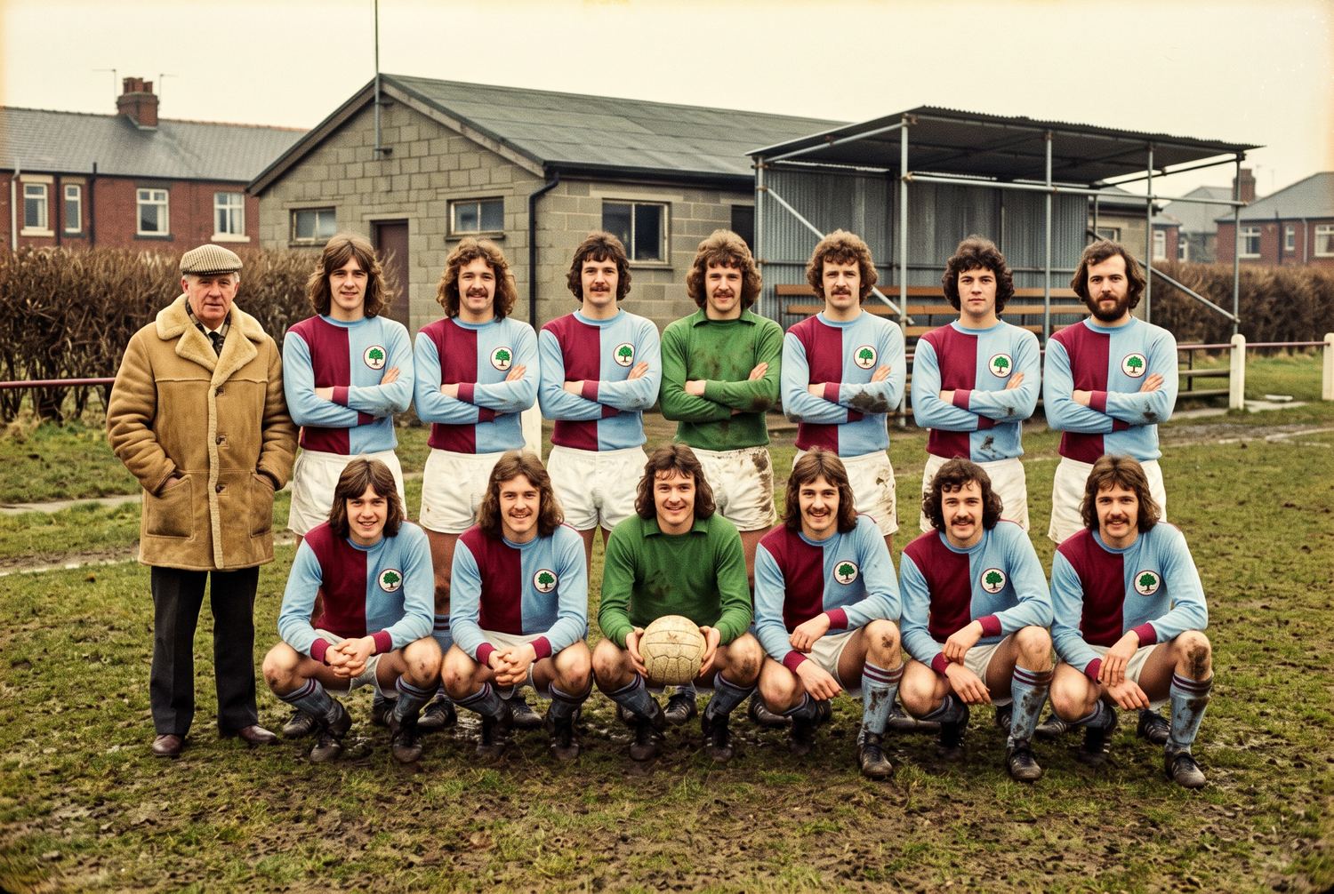 An amateur football team of fourteen posed in two rows on a muddy pitch in 1974, a manager in a sheepskin coat at one end.