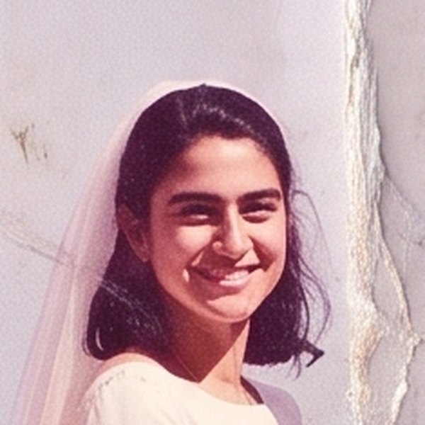 The bride's face enlarged from the damaged print: soft, colour-shifted, with a tear running beside it.