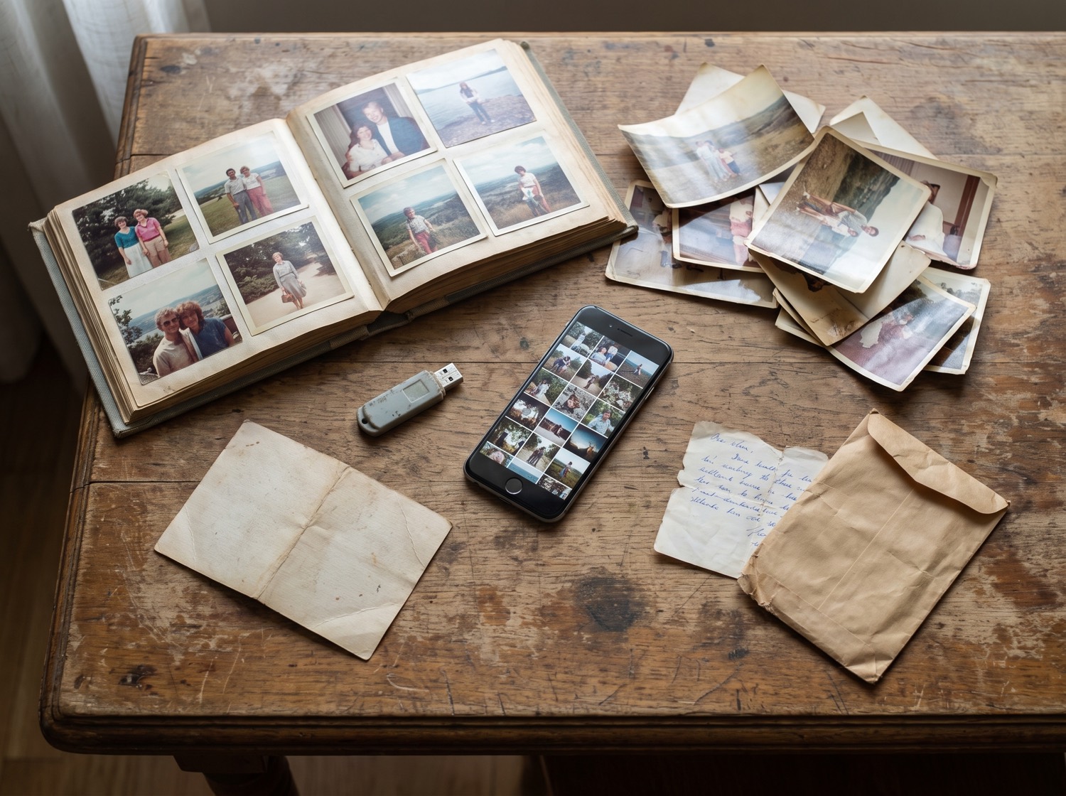 A table seen from above: an open album, loose prints, a phone of thumbnails, a USB stick and a handwritten note.