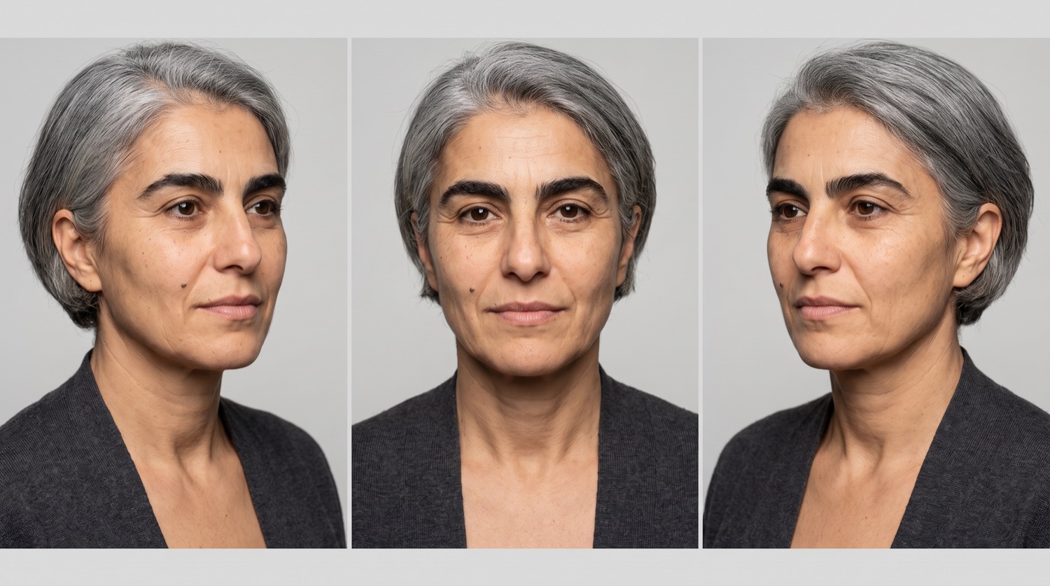 Rosa Marchetti in Now, seen from three angles against the same plain backdrop.